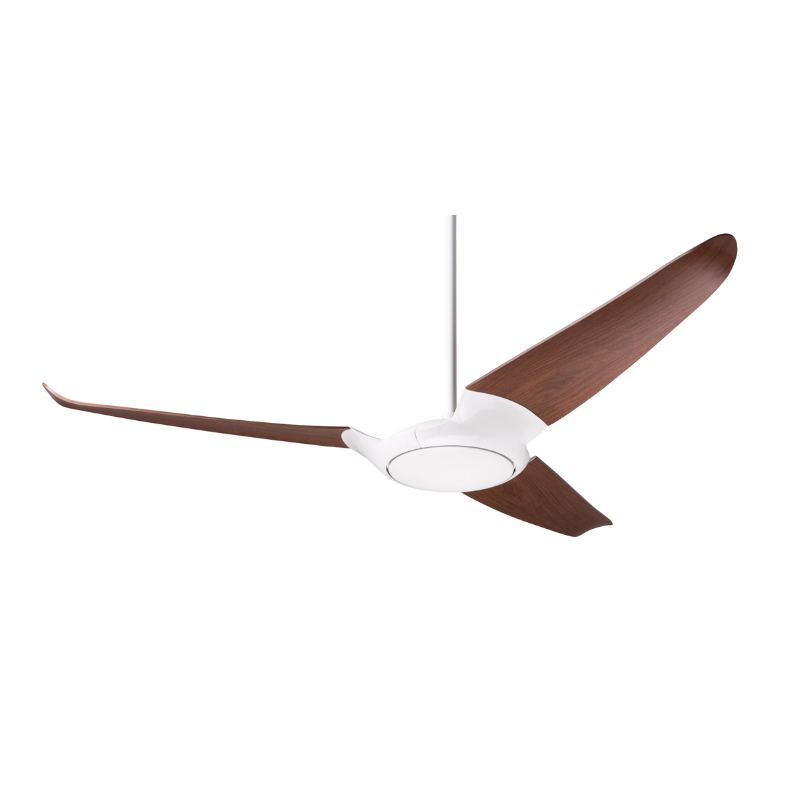 Made out of die cast aluminum with injection-molded ABS blades this is the IC/Air3 DC - 56″ from the Modern Fan Co. This photograph shows the gloss white body and mahogany blade options.