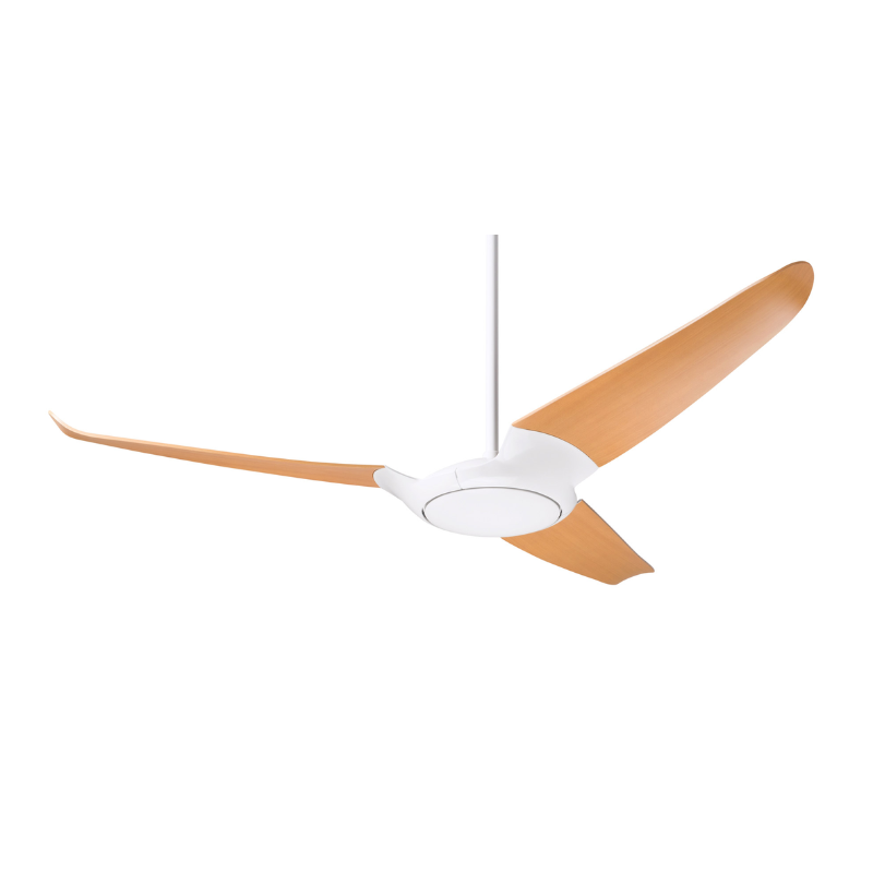 Made out of die cast aluminum with injection-molded ABS blades this is the IC/Air3 DC - 56″ from the Modern Fan Co. This photograph shows the gloss white body and maple blade options.