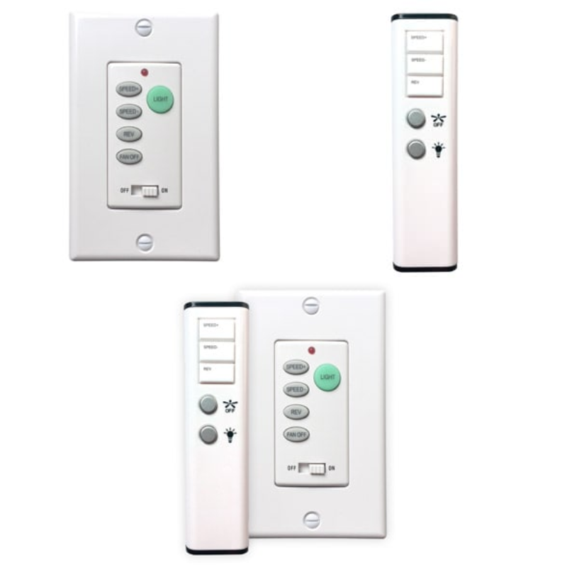 These are what the controller options for this fan look like. In the top left you have the wall control, on the top left is the remote control, and on the bottom in the center of the image is the wall and remote combo option.