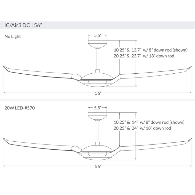 The dimensions for the IC/Air3 DC - 56″ from Modern Fan Co. with an LED.