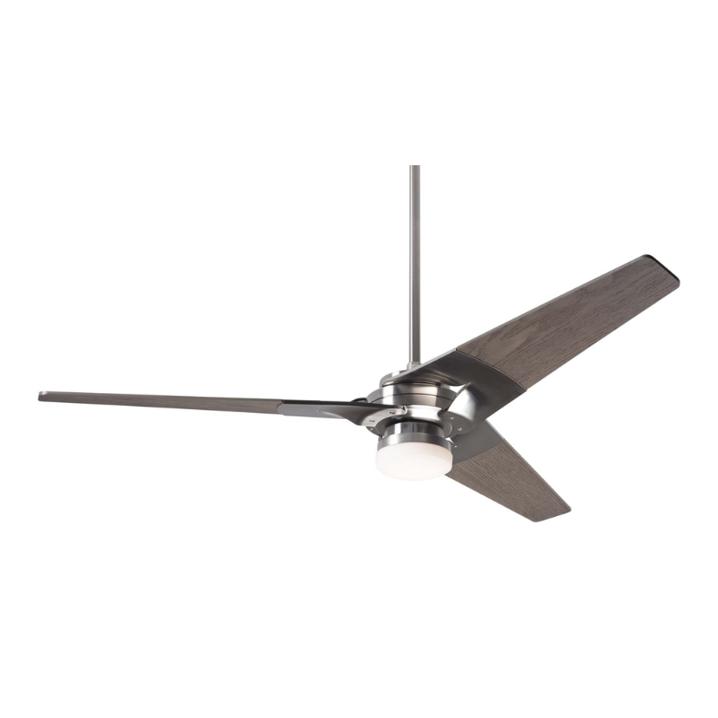 The Torsion 17W LED - 52" ceiling fan from The Modern Fan Co. with the bright nickel body finish and graywash blades.