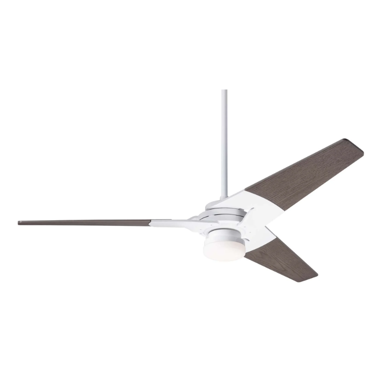 The Torsion 17W LED - 52" ceiling fan from The Modern Fan Co. with the gloss white body finish and graywash blades.