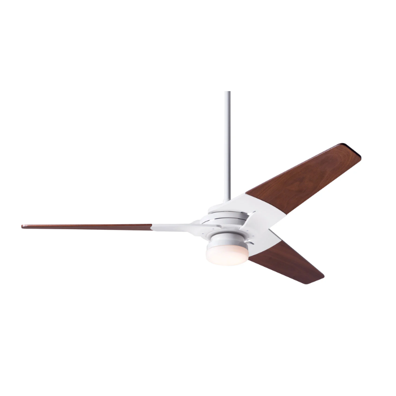 The Torsion 17W LED - 52" ceiling fan from The Modern Fan Co. with the gloss white body finish and mahogany blades.