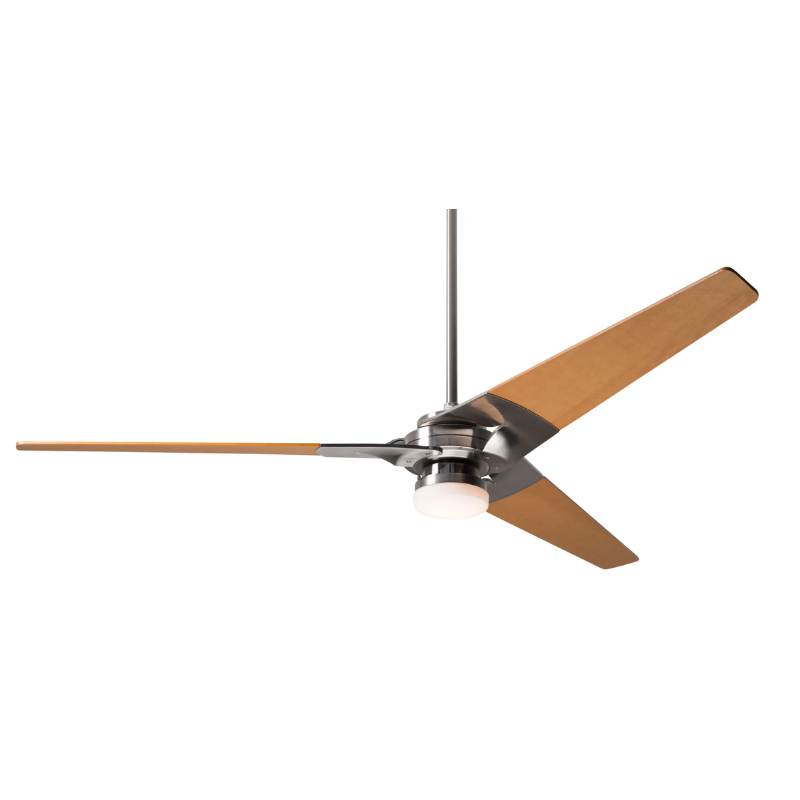 The Torsion 17W LED - 62" by Modern Fan Co. with the bright nickel body and maple blades.