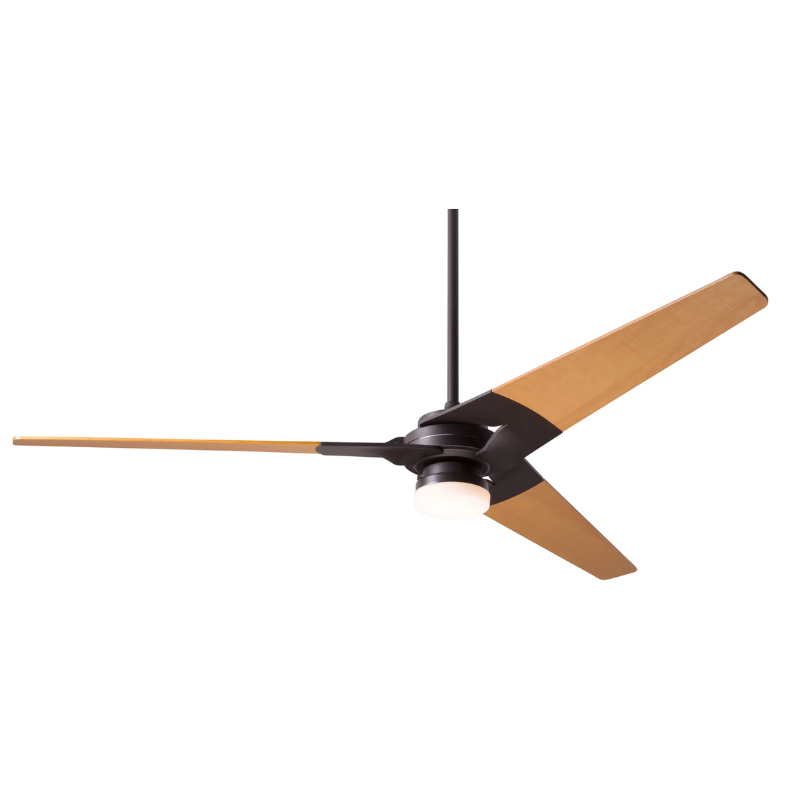 The Torsion 17W LED - 62" by Modern Fan Co. with the dark bronze body and maple blades.