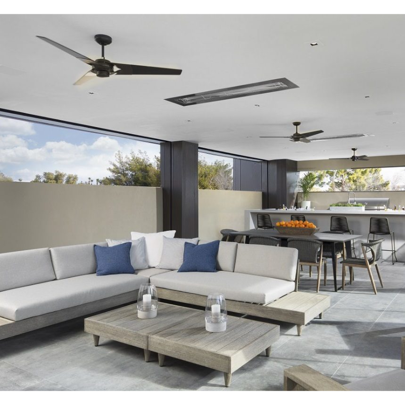 From Modern Fan Co. the Torsion 20W LED - 62" in an outdoor space with a lounge, dining space and BBQ kitchen.