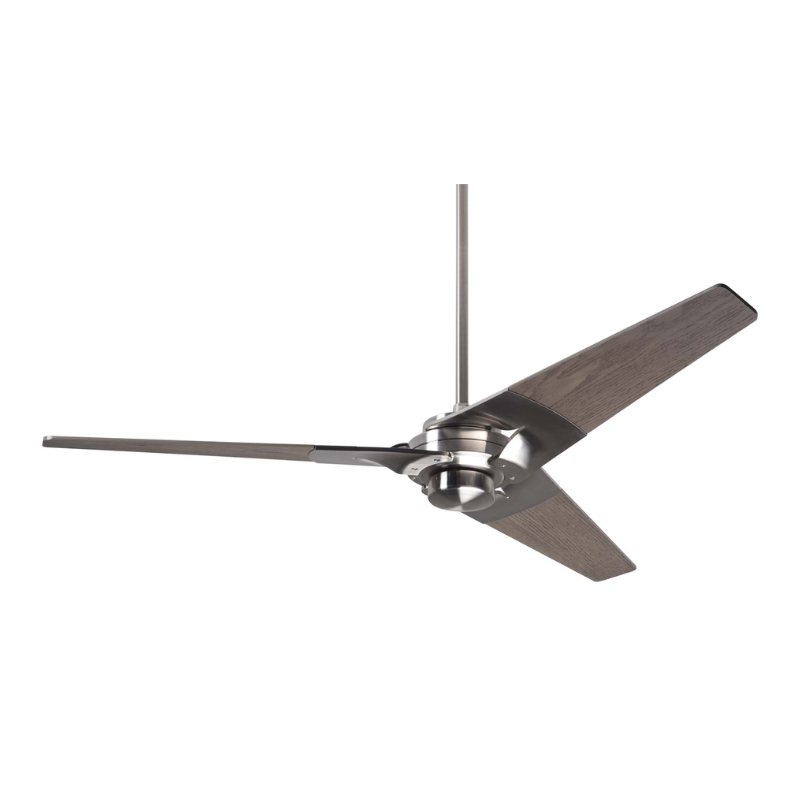 The Torsion - 52" from The Modern Fan Co. with bright nickel body and graywash plywood blades.