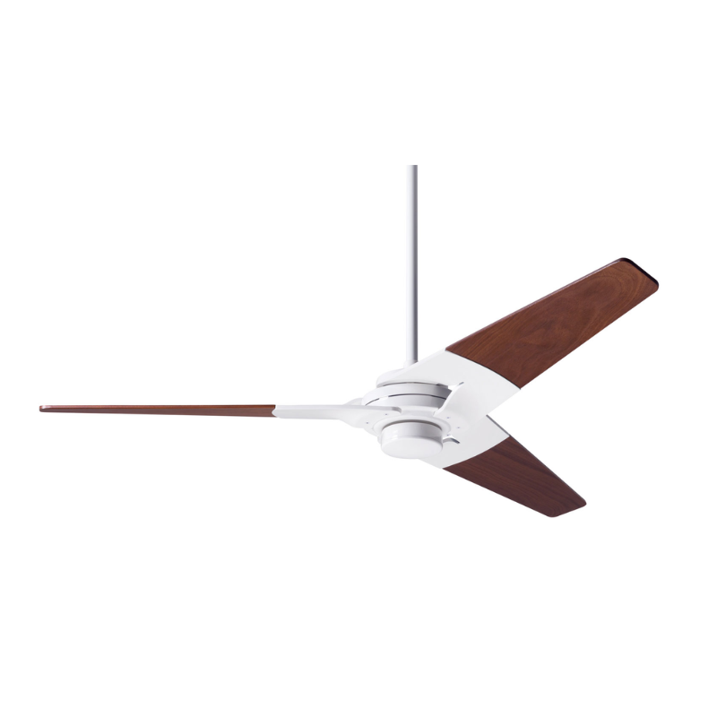 The Torsion - 52" from The Modern Fan Co. with gloss white body and mahogany plywood blades.