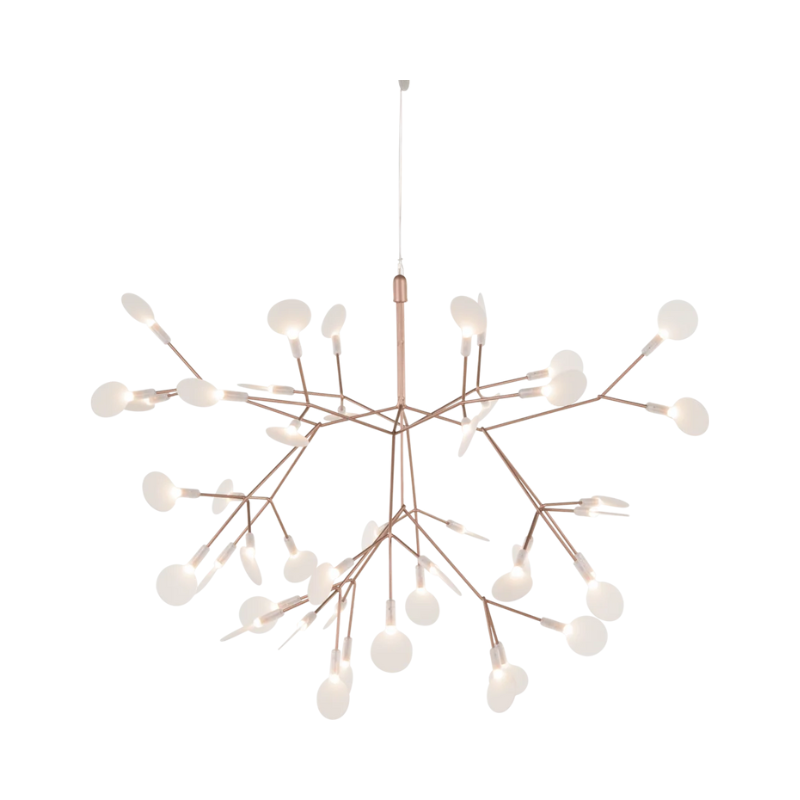 Nature meets technology in Heracleum III Suspended by Bertjan Pot. This airy LED lamp is inspired by the flowering plant of the same name that can grow as high as 5 meters. The white leaves in Heracleum III Suspended ramify from one branch, creating a very technical, natural structure thanks to a technique of coating conductive layers called Electrosandwich by Marcel Wanders studio.