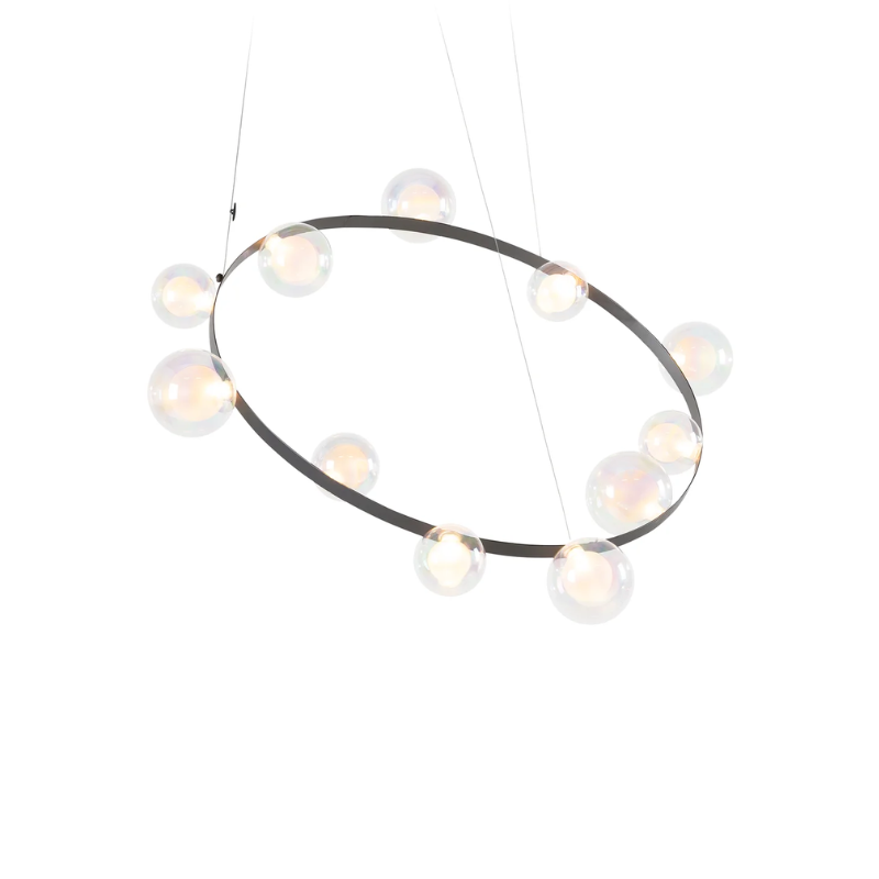 Hubble Bubble, designed by Marcel Wanders, is an airy and joyful suspension lamp. Available in two sizes, with either 7 or 11 glass LED bubbles in oil-iridescent or frosted versions. Hubble Bubble can be hung both horizontally and vertically and is powered through Electrosandwich® by Marcel Wanders. Hubble Bubble is the cheery statement piece in your home that can hang from any angle.