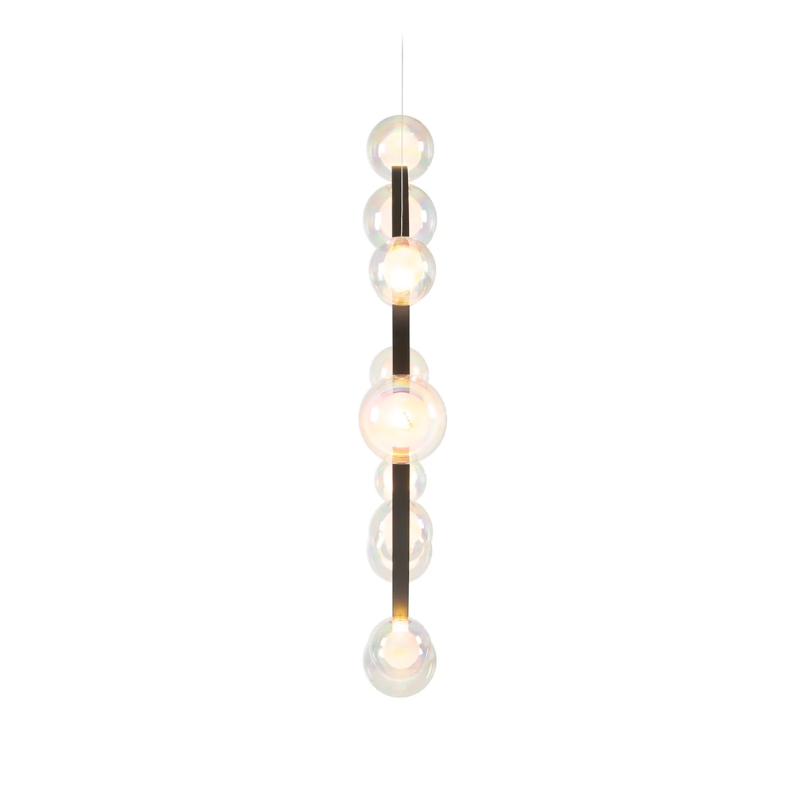 Hubble Bubble, designed by Marcel Wanders, is an airy and joyful suspension lamp. Available in two sizes, with either 7 or 11 glass LED bubbles in oil-iridescent or frosted versions. Hubble Bubble can be hung both horizontally and vertically and is powered through Electrosandwich® by Marcel Wanders. Hubble Bubble is the cheery statement piece in your home that can hang from any angle.