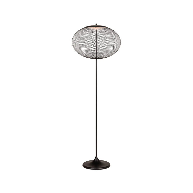 Like its suspended family members, the NR2 Floor Lamp, by Bertjan Pot, sports an elegant and bright oval-shaped bubble of white or black thread. Thanks to the airy lattice pattern of the bubble and the sleek steel column, the NR2 Floor Lamp doesn’t block any views.