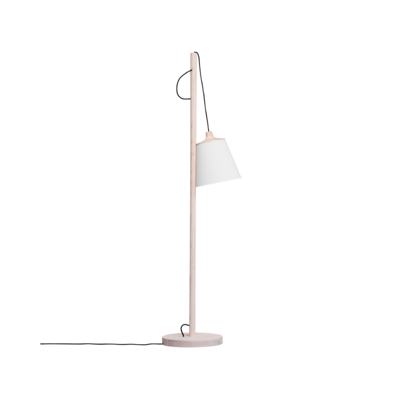 The Pull Floor Lamp from Muuto in oak and white with the lamp lowered.