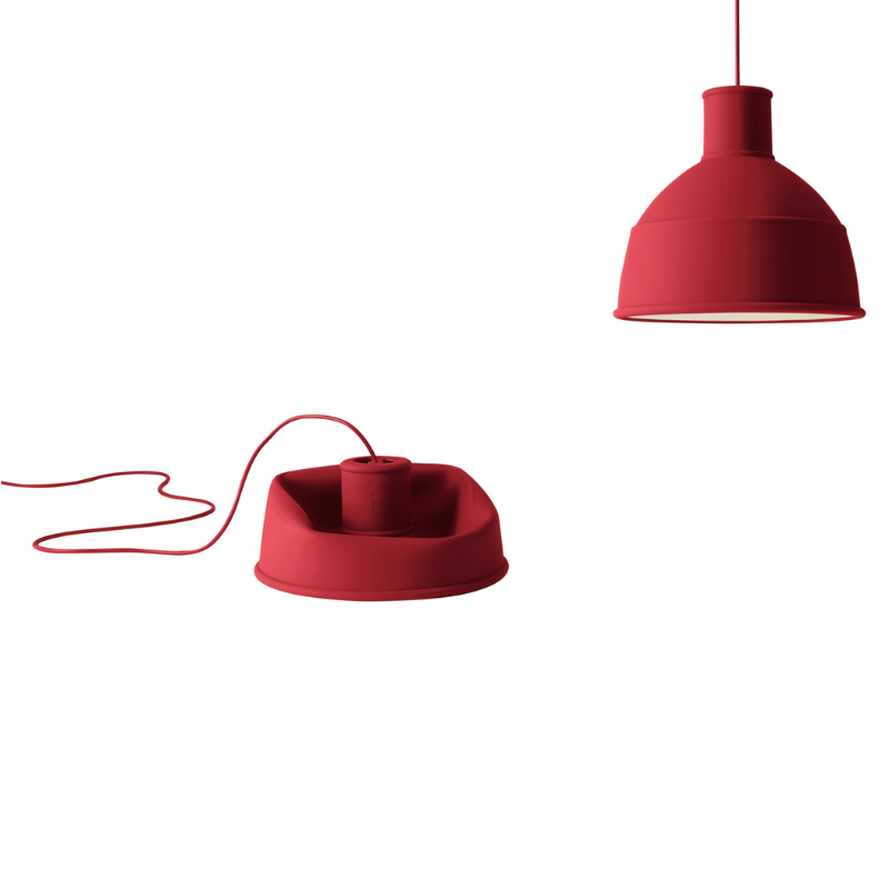 The Unfold Pendant Lamp from Muuto in dusty red, collapsed.