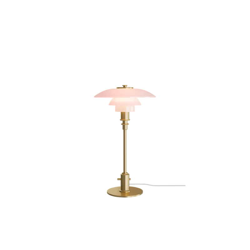 PH 2/1 Pale Rose Brass Table lamp features intricate design details, which come together to create an elegant expression and a soft, warm light in your home. The glossy pale rose shades are poetic and speak to modern interior trends, while the inside of the shades is sandblasted white, to create the glare-free light characteristic of Louis Poulsen’s lamps. 