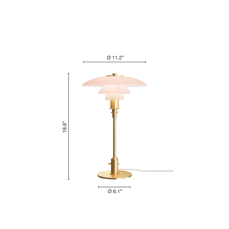 The PH 3/2 Pale Rose Table Lamp is a modern twist on this iconic design, which features pale rose-colored glass shades, paired with brushed brass elements with fine hairlines that follow the form of the fixture. 