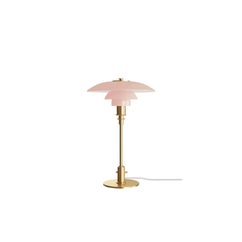 The PH 3/2 Pale Rose Table Lamp is a modern twist on this iconic design, which features pale rose-colored glass shades, paired with brushed brass elements with fine hairlines that follow the form of the fixture. 