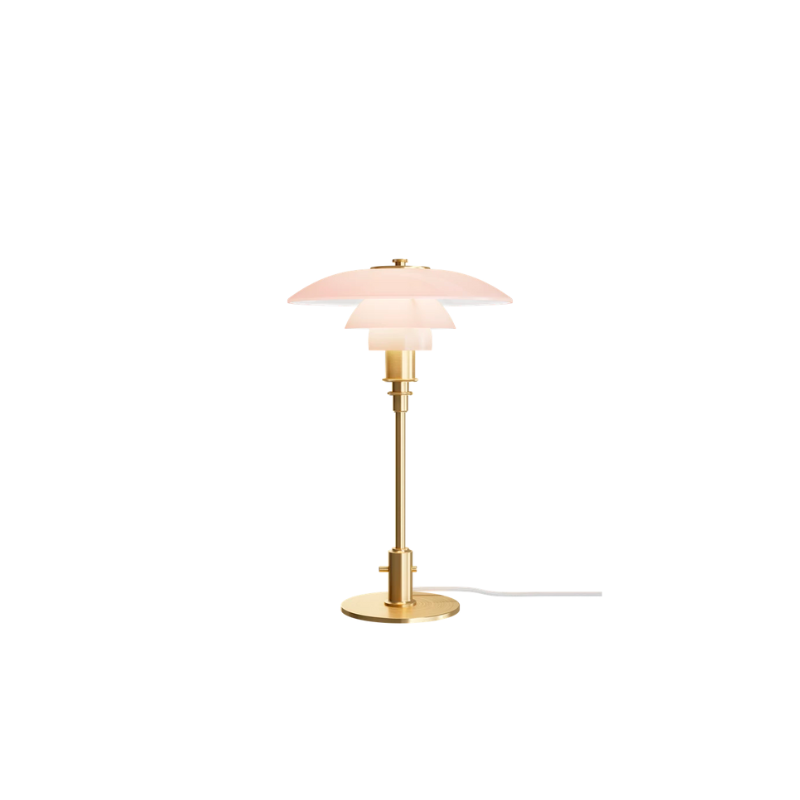 The PH 3/2 Pale Rose Table Lamp is a modern twist on this iconic design, which features pale rose-colored glass shades, paired with brushed brass elements with fine hairlines that follow the form of the fixture. 