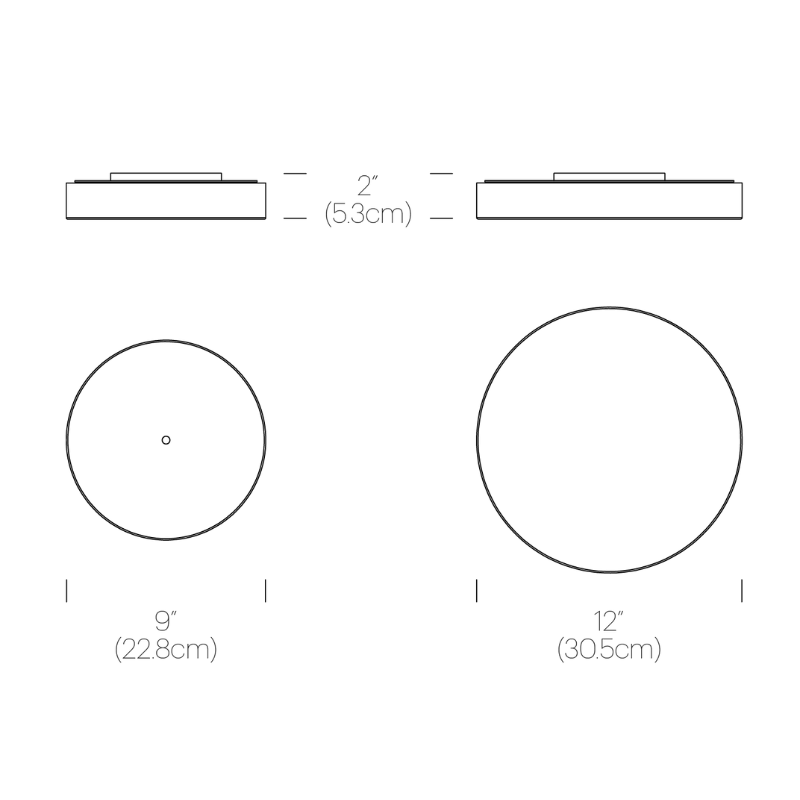 The dimensions for the 9" and 12" Bola Disc Multi-Light Canopy from Pablo Designs.