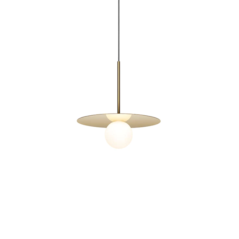 This is a photograph of the 12 inch Bola Disc Pendant from Pablo Designs in brass.