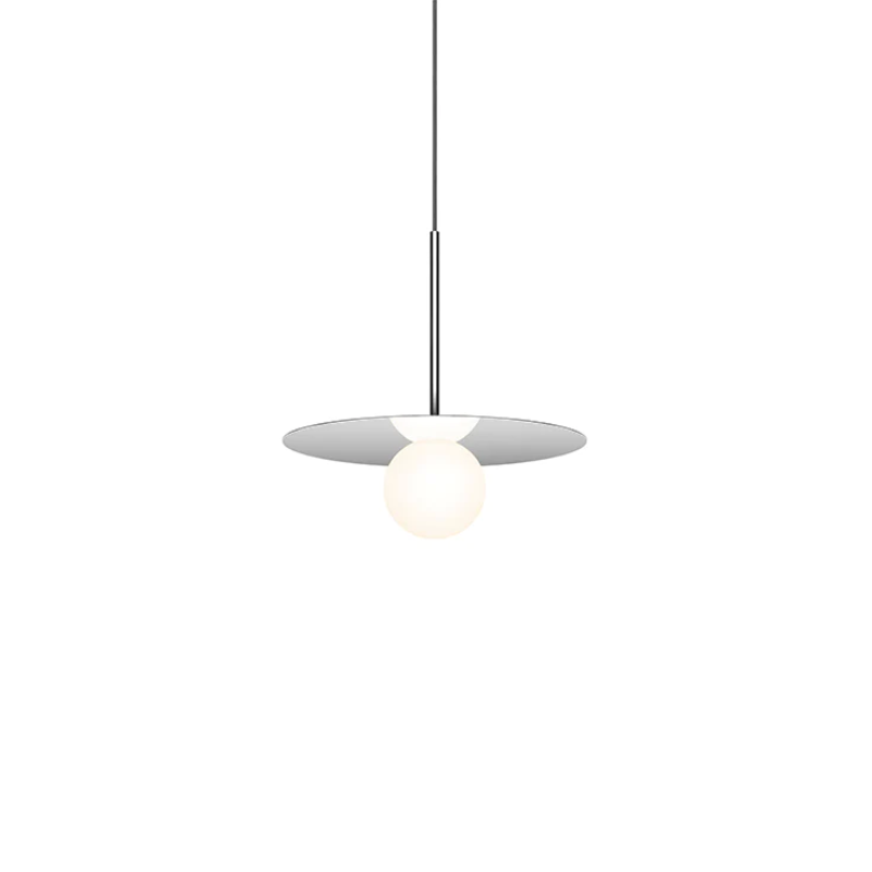 This is a photograph of the 12 inch Bola Disc Pendant from Pablo Designs in chrome.