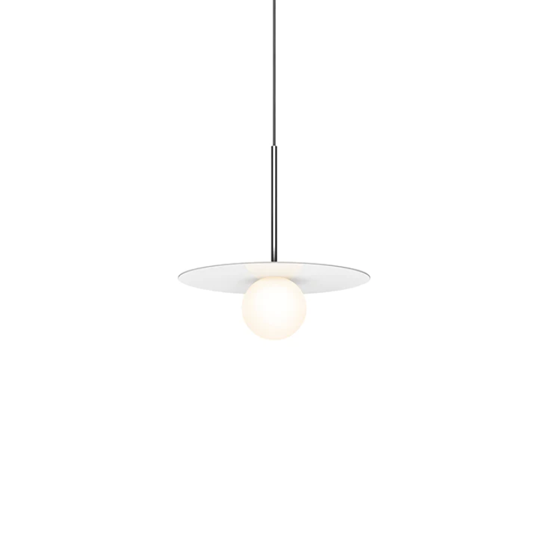 This is a photograph of the 12 inch Bola Disc Pendant from Pablo Designs in gloss white.