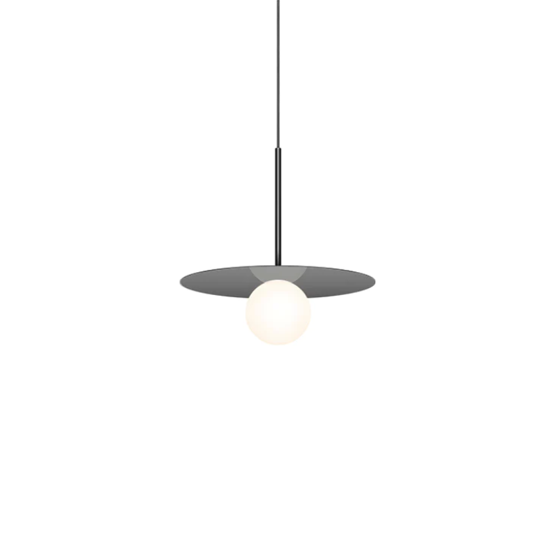 This is a photograph of the 12 inch Bola Disc Pendant from Pablo Designs in gun metal.