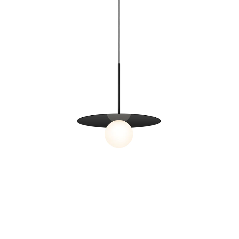 This is a photograph of the 12 inch Bola Disc Pendant from Pablo Designs in matte black.