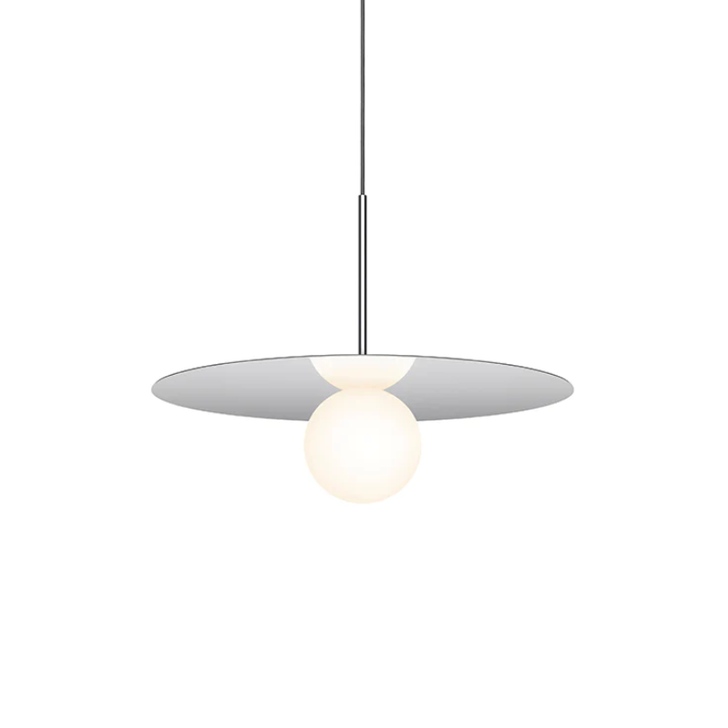 This is a photograph of the 18 inch Bola Disc Pendant from Pablo Designs in chrome.