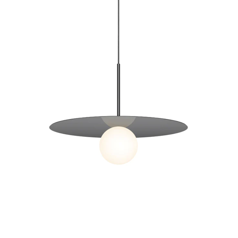 This is a photograph of the 18 inch Bola Disc Pendant from Pablo Designs in gun metal.
