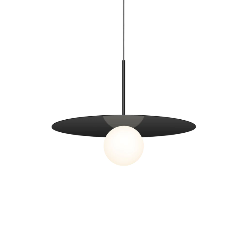 This is a photograph of the 18 inch Bola Disc Pendant from Pablo Designs in matte black.