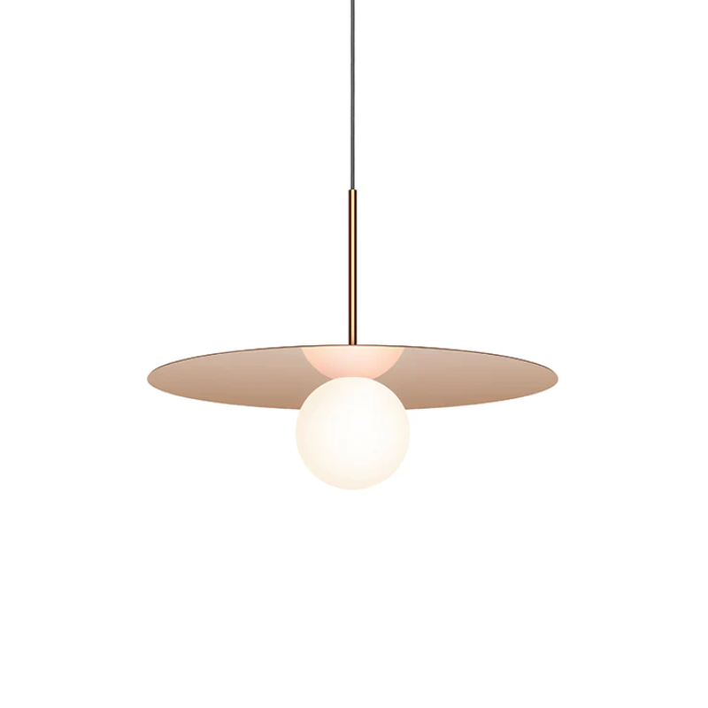 This is a photograph of the 18 inch Bola Disc Pendant from Pablo Designs in rose gold.