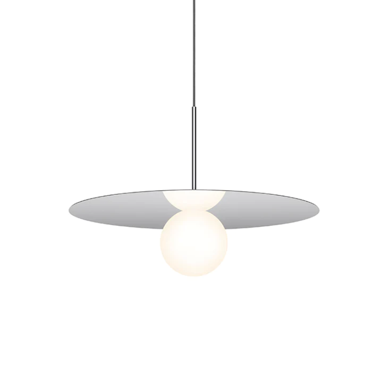 This is a photograph of the 22 inch Bola Disc Pendant from Pablo Designs in chrome.
