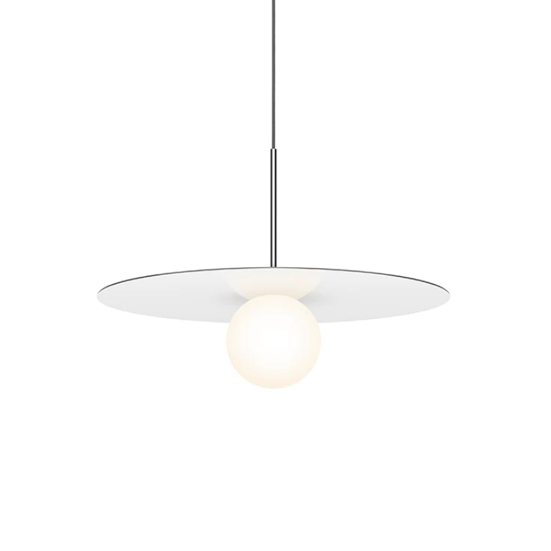 This is a photograph of the 22 inch Bola Disc Pendant from Pablo Designs in gloss white.