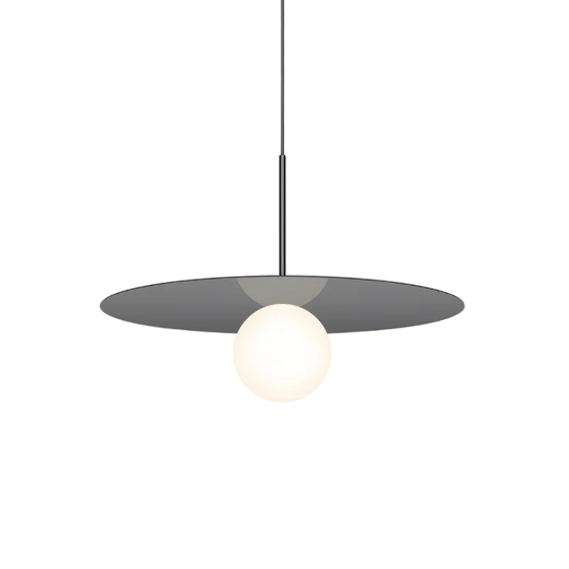 This is a photograph of the 22 inch Bola Disc Pendant from Pablo Designs in gun metal.
