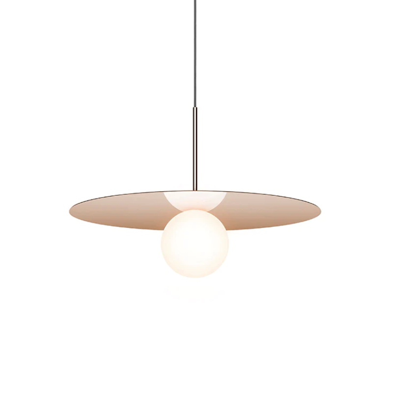 This is a photograph of the 22 inch Bola Disc Pendant from Pablo Designs in rose gold.