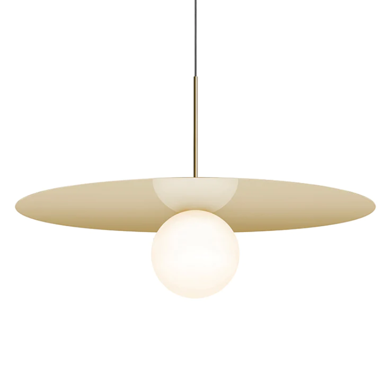 This is a photograph of the 32 inch Bola Disc Pendant from Pablo Designs in brass.