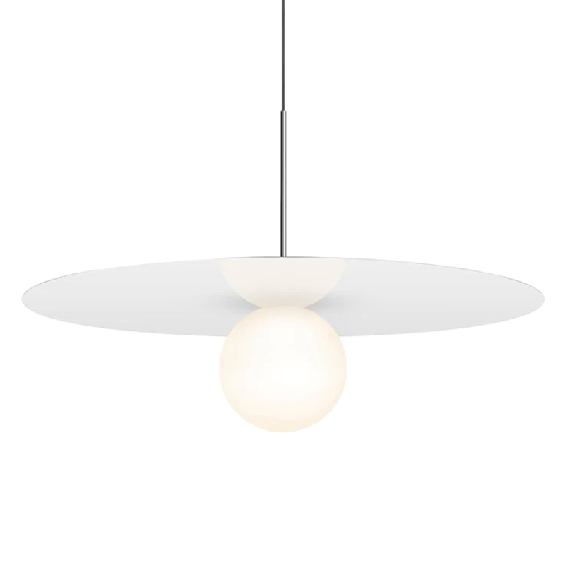 This is a photograph of the 32 inch Bola Disc Pendant from Pablo Designs in gloss white.