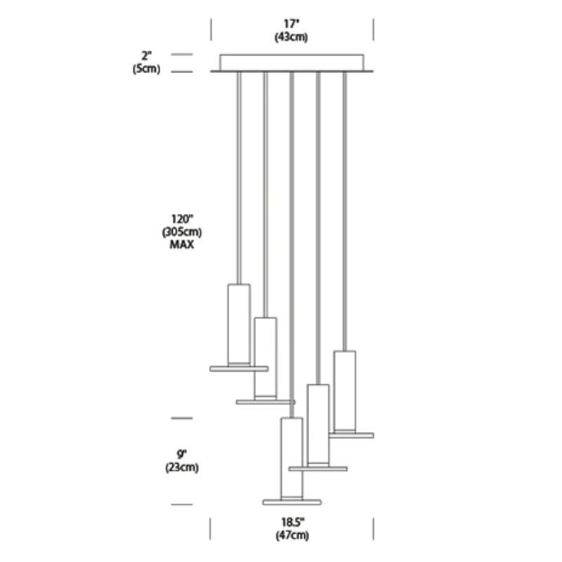 The dimensions for the Cielo Plus Chandelier from Pablo Designs with 5 pendants.