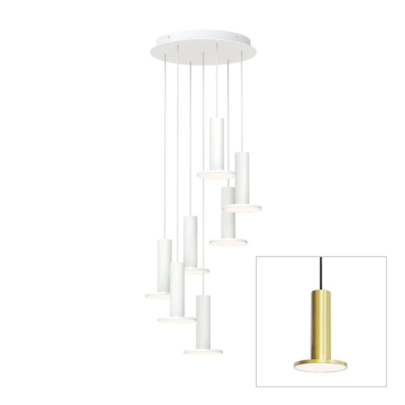 The Cielo Plus Chandelier from Pablo Designs with 7 pendants in brass.