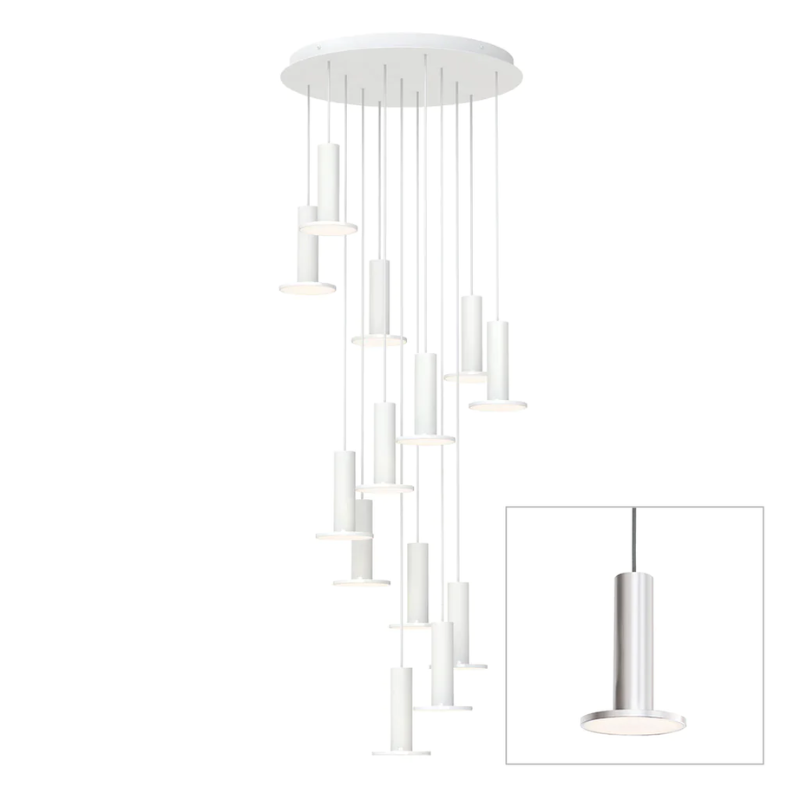 The Cielo Plus Chandelier from Pablo Designs with 13 pendants in silver.