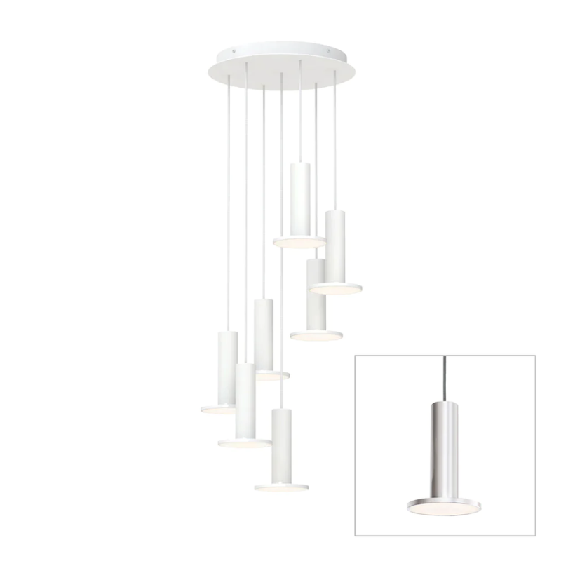 The Cielo Plus Chandelier from Pablo Designs with 7 pendants in silver.