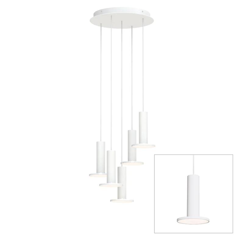The Cielo Plus Chandelier from Pablo Designs with 5 pendants in white.