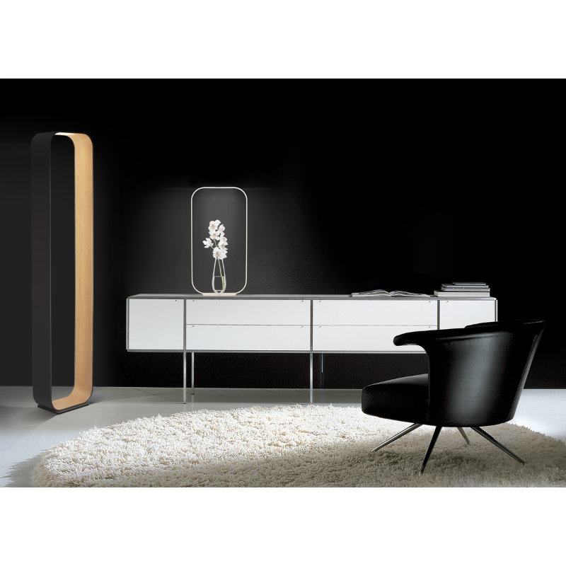 The Contour Floor from Pablo Designs in a lounge space with the Contour Table on the cabinet.