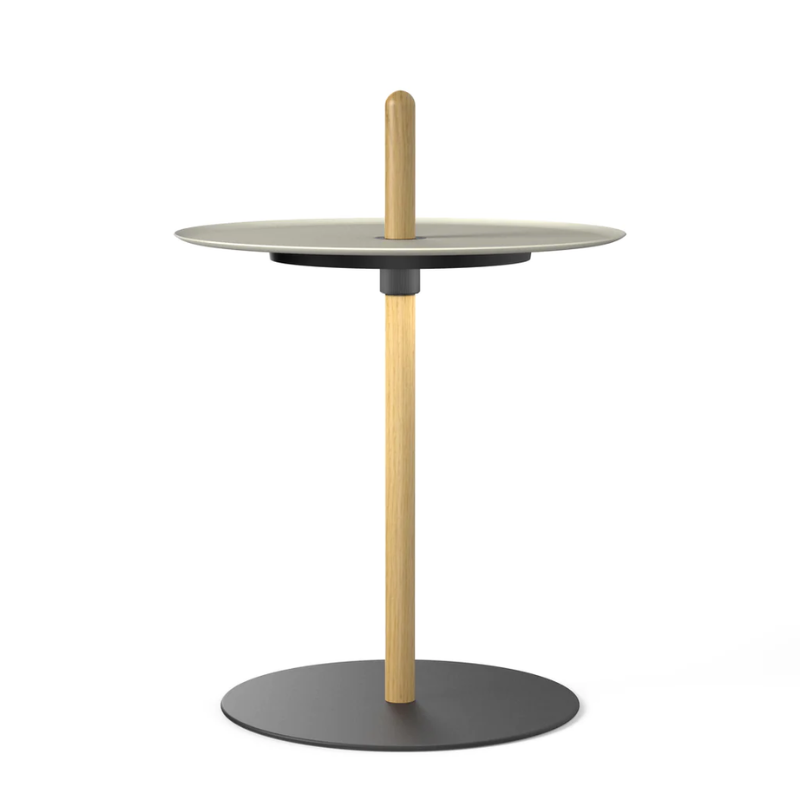 The small Nivél Pedestal from Pablo Designs with the oak post and white tray.