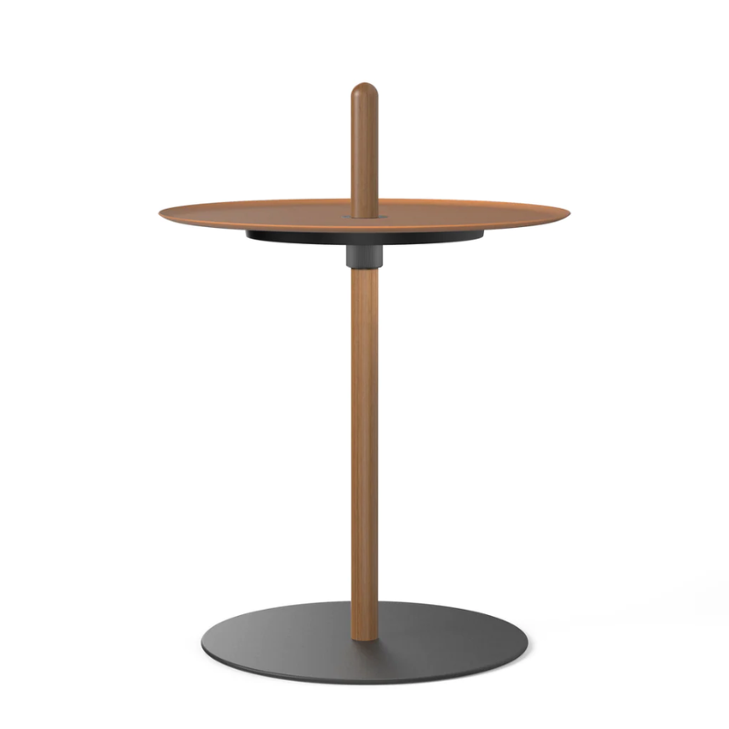 The small Nivél Pedestal from Pablo Designs with the walnut post and terracotta  tray.