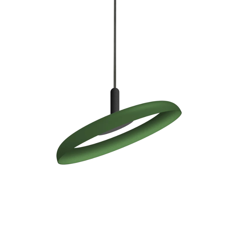 The 15" (small) Nivél Pendant from Pablo Designs with the black cord and forest shade.