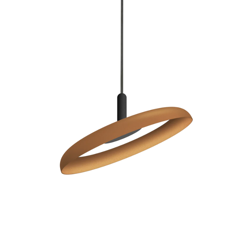 The 15" (small) Nivél Pendant from Pablo Designs with the black cord and terracotta shade.