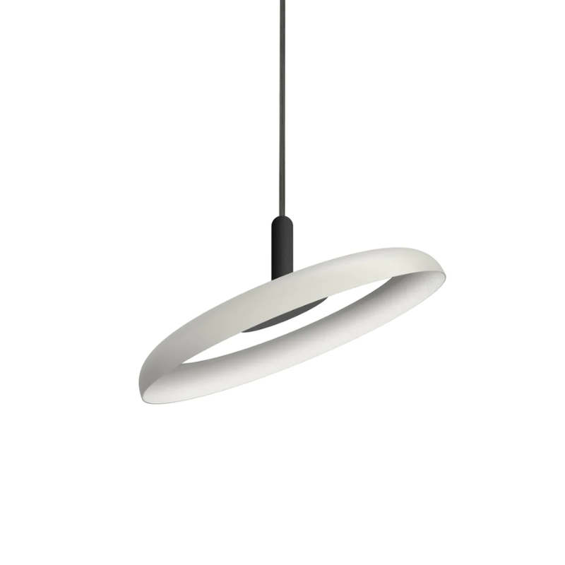 The 15" (small) Nivél Pendant from Pablo Designs with the black cord and white shade.