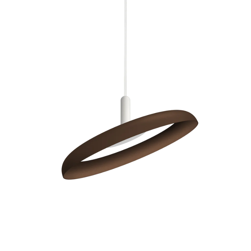 The 15" (small) Nivél Pendant from Pablo Designs with the white cord and espresso shade.